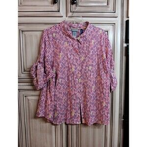 Catherines Button Up Top Womens Plus‎ Size 2X 22/24W Pink Pineapple 3/4 Sleeve